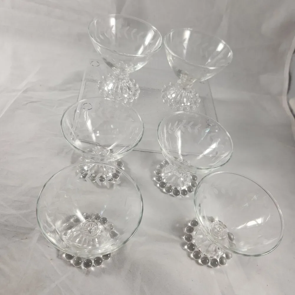 Set of 6 Anchor Hocking Etched Laurel Boopie Clear Champagne Sherbet Glasses